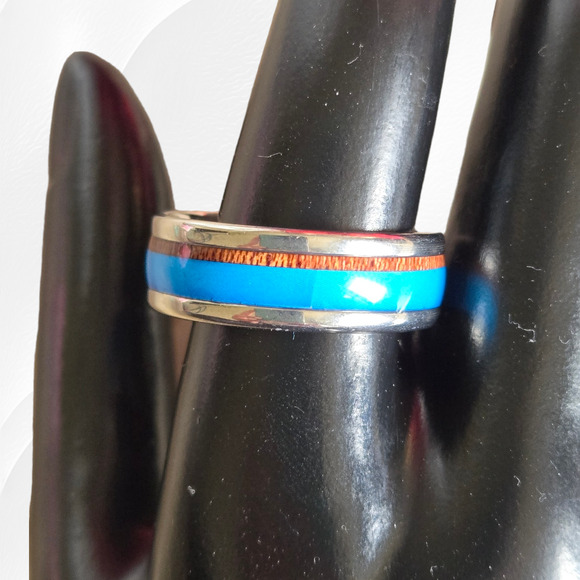 Turquoise Wood Pattern Band Inlay Stainless Steel Fashion Ring Size 11 - Picture 3 of 7